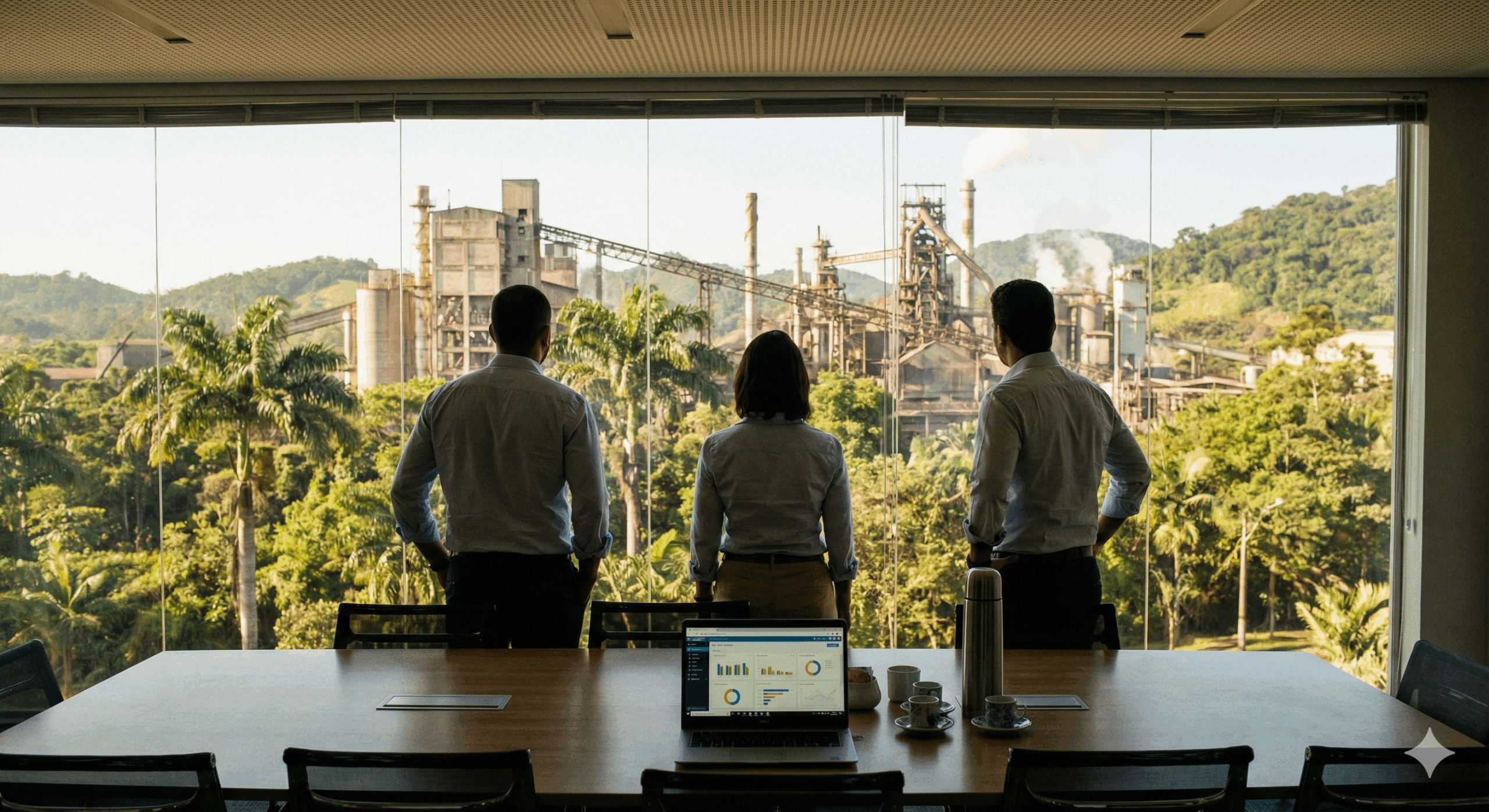 Estratégia de ABM para Indústrias sendo discutida por executivos com vista para linha de produção automatizada