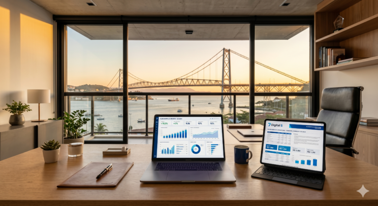 Escritório de agência de marketing digital em Florianópolis focado em engenharia de aquisição e transparência de dados.