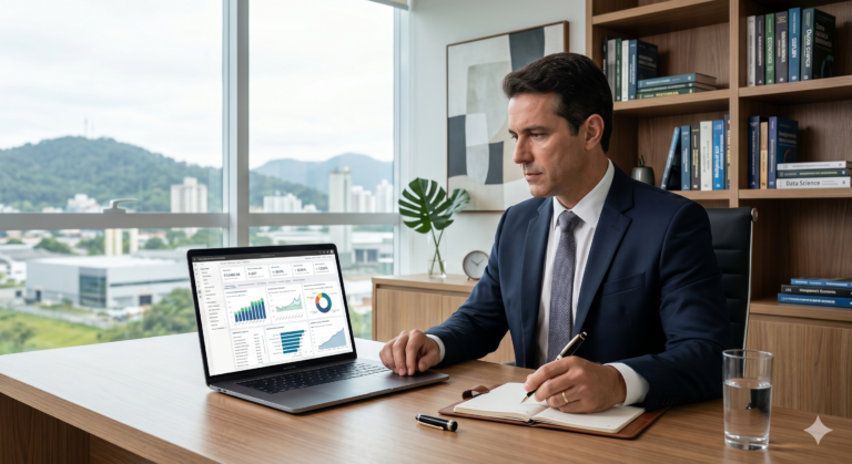 Executivo ativador em Santa Catarina analisando infraestrutura de dados e autoridade B2B para o LinkedIn em 2026.