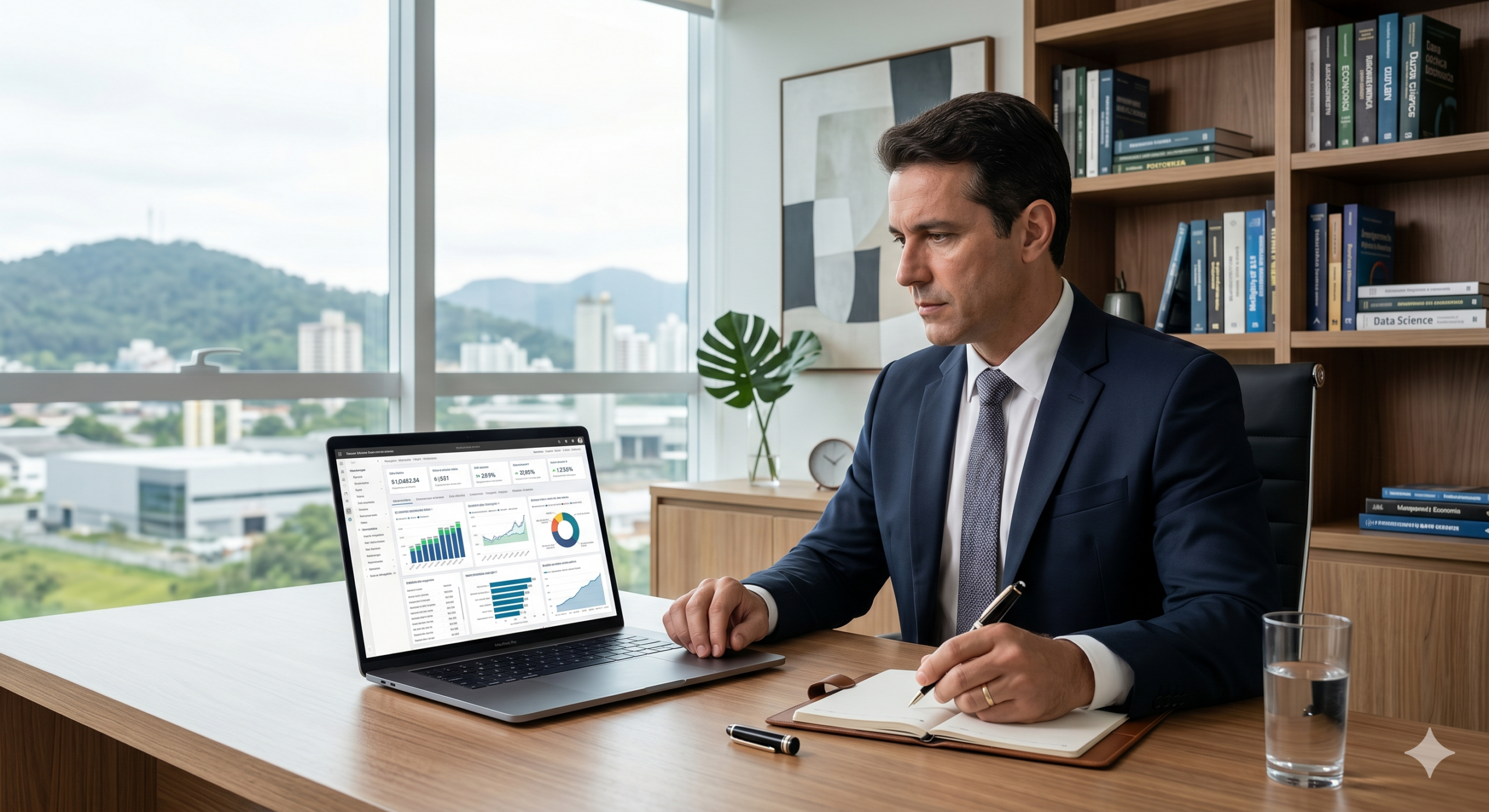 Executivo ativador em Santa Catarina analisando infraestrutura de dados e autoridade B2B para o LinkedIn em 2026.